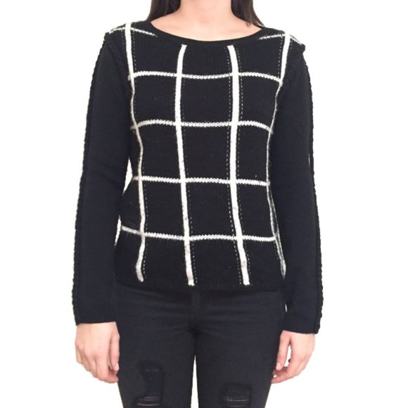 Grid square print black white knit crew sweater - Picture 4 of 4